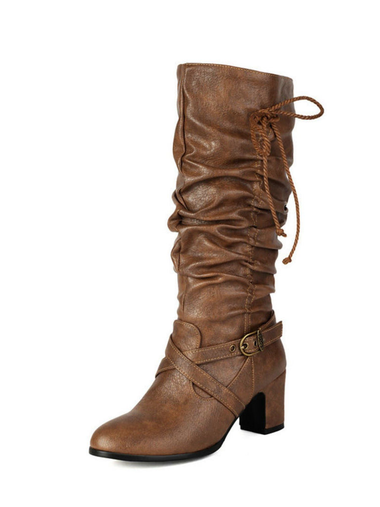 Vintage Solid Buckle Ruched Chunky Heels Boots