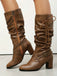 Vintage Solid Buckle Ruched Chunky Heels Boots