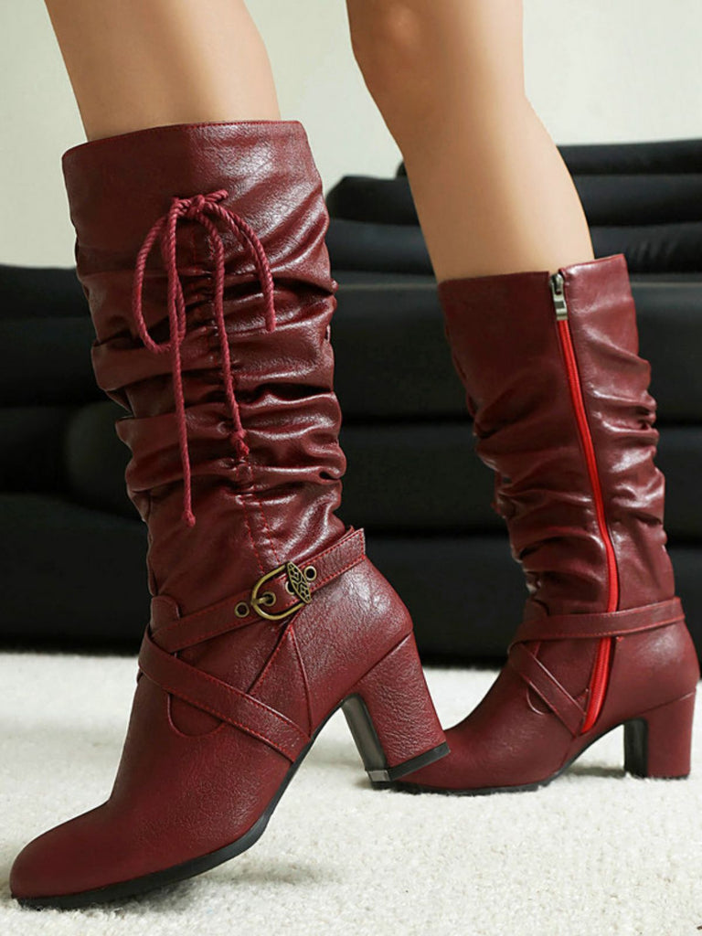 Vintage Solid Buckle Ruched Chunky Heels Boots