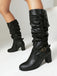 Vintage Solid Buckle Ruched Chunky Heels Boots