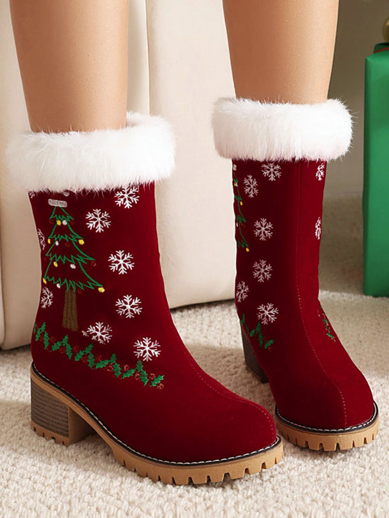Vintage Christmas Tree Snowflake Plush Chunky Heel Boots