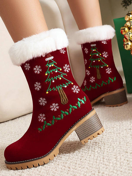 Vintage Christmas Tree Snowflake Plush Chunky Heel Boots | Retro Stage