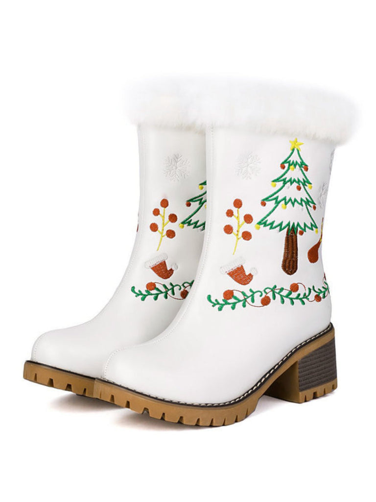 Vintage Christmas Tree Snowflake Plush Chunky Heel Boots