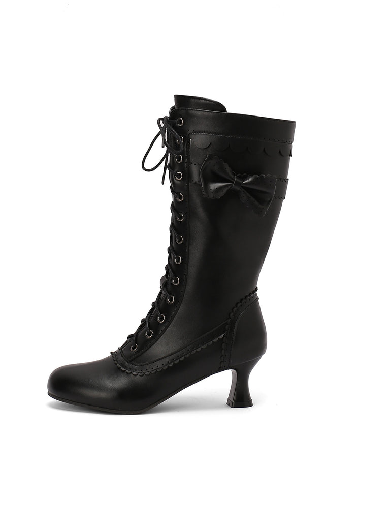 Leather Bow Lace-Up Calf High Boots