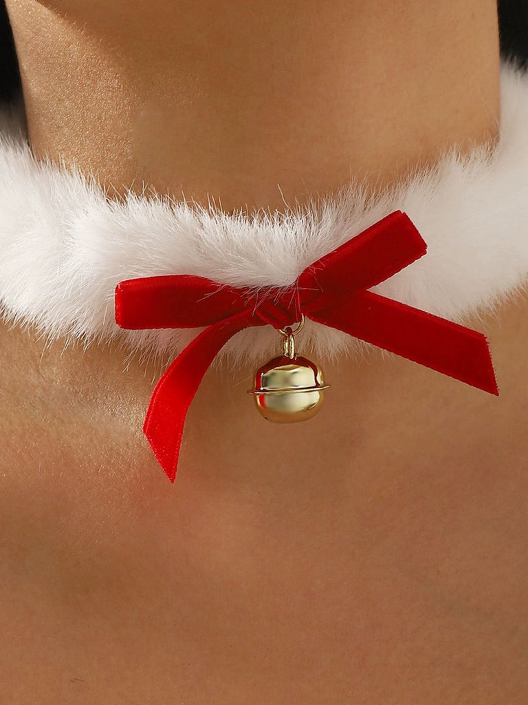 Christmas Bowknot Bell Plush Choker Necklace
