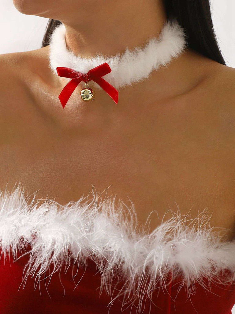 Christmas Bowknot Bell Plush Choker Necklace