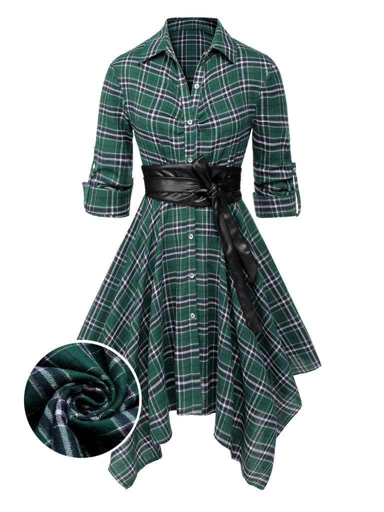 1950s 3/4 Sleeve Plaid Belt Dress