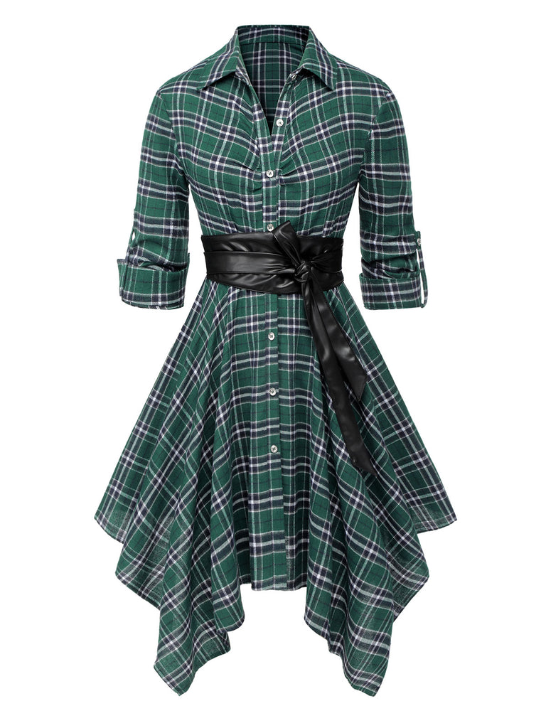 1950s 3/4 Sleeve Plaid Belt Dress