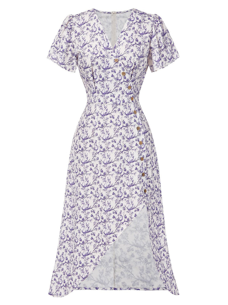 Red 1940s Floral V-Neck Added Button Dress