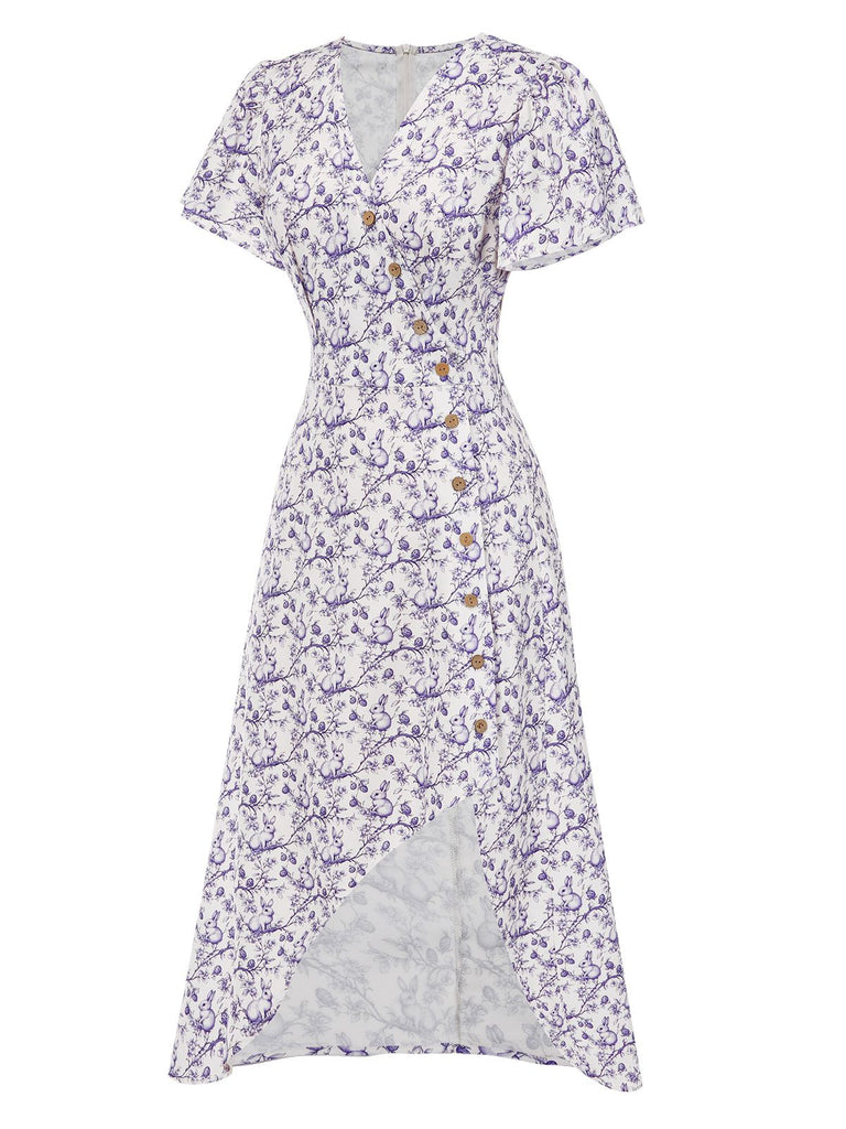 Red 1940s Floral V-Neck Added Button Dress