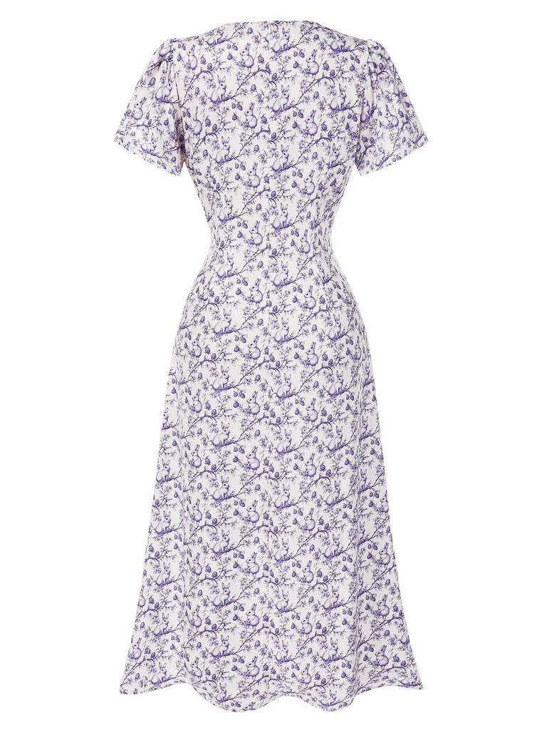 Red 1940s Floral V-Neck Added Button Dress