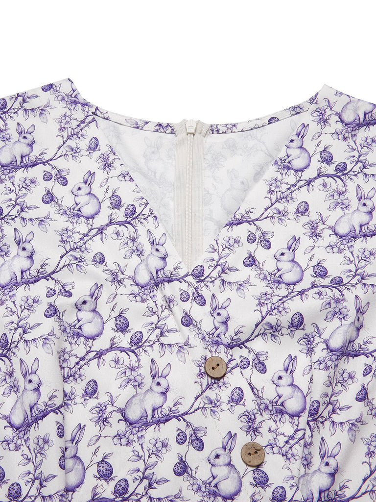 Red 1940s Floral V-Neck Added Button Dress