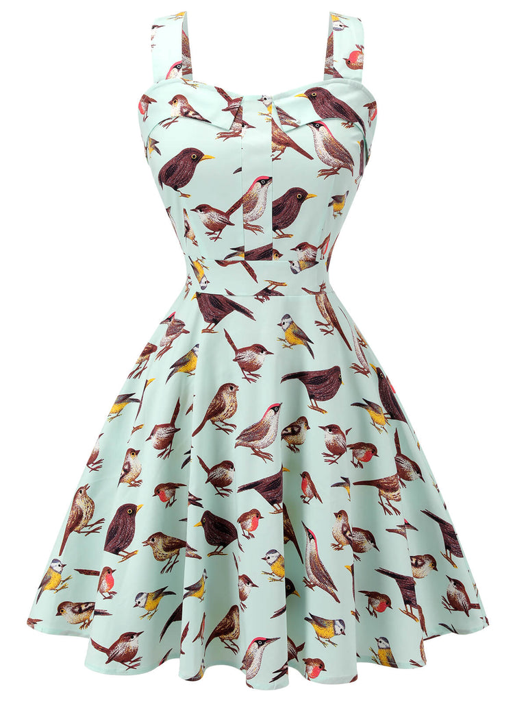 Green 1980s Bird Square Collar Sleeveless Dress