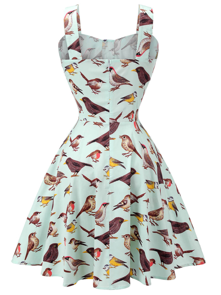 Green 1980s Bird Square Collar Sleeveless Dress