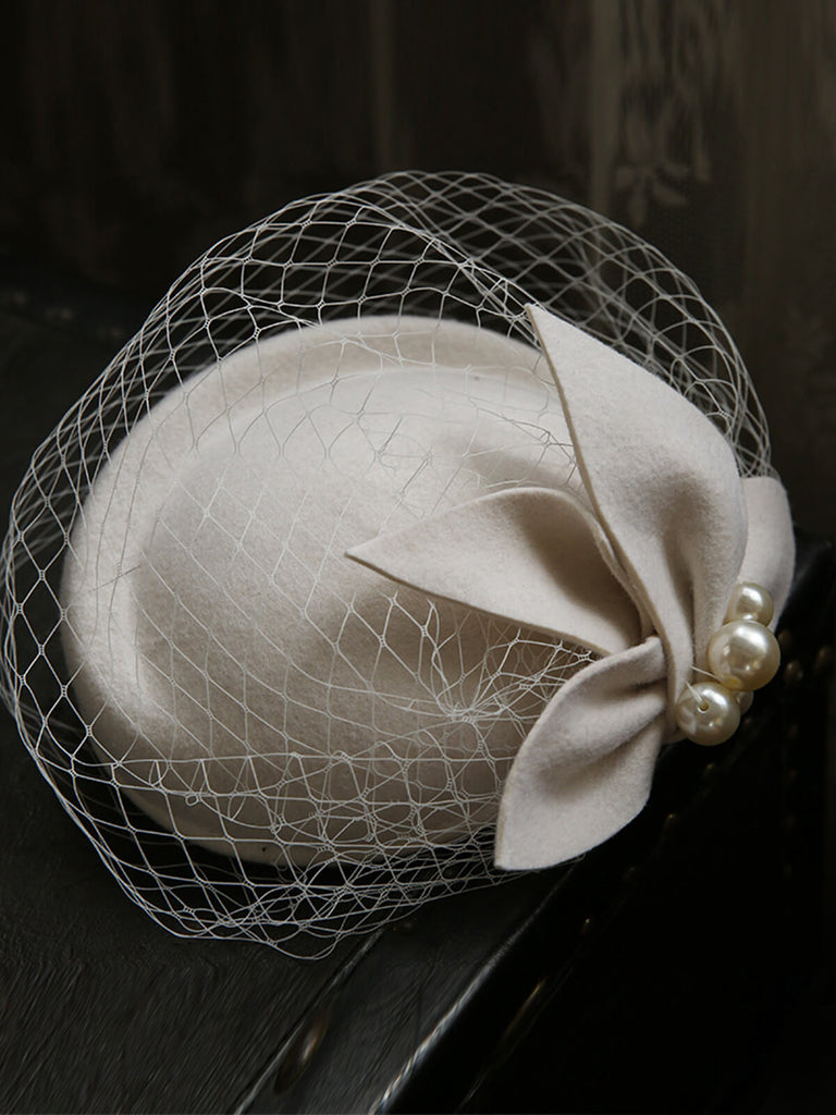 Vintage Pearl Decor Mesh Berets Woolen Hat