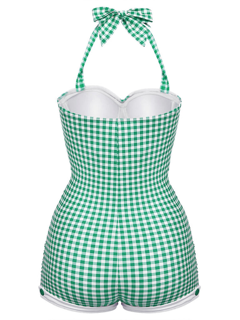 Gingham 1950s Halter Bowknot One-piece Swimsuit