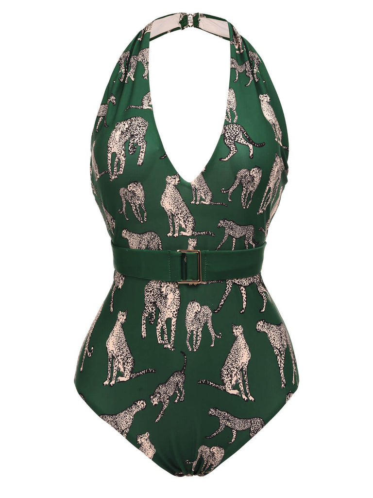 Green Jaguar Vintage Halter One-piece Swimsuit