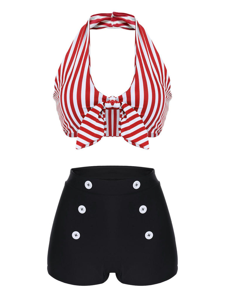 Red 1950s Retro Halter Stripes Bikini Set