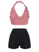 Red 1950s Retro Halter Stripes Bikini Set