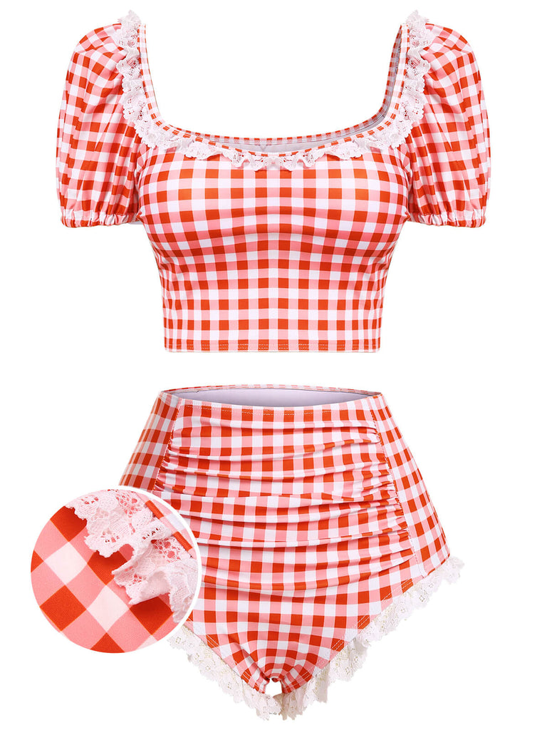 2PCS 1960s Plaid Lace Patchwork Swimsuit (60% off)