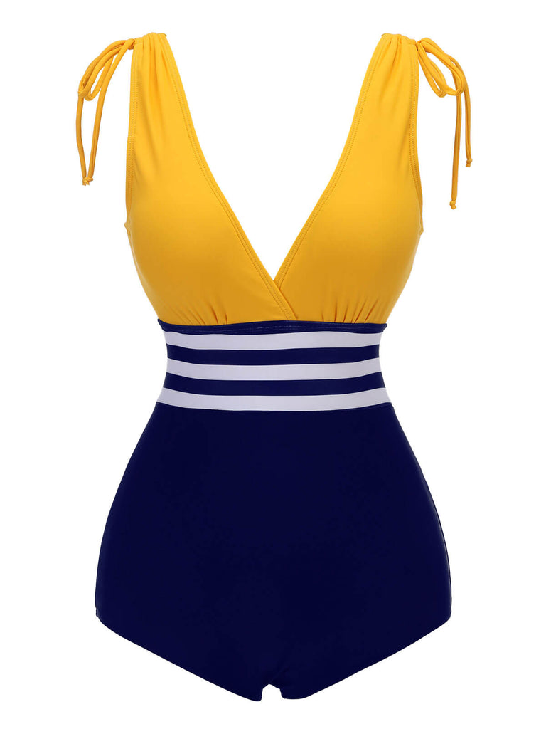 Yellow & Blue 1950s Striped Lace-Up Swimsuit