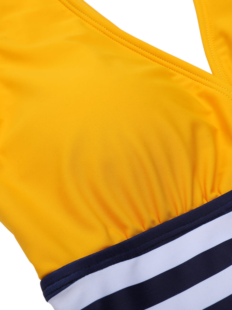 Yellow & Blue 1950s Striped Lace-Up Swimsuit