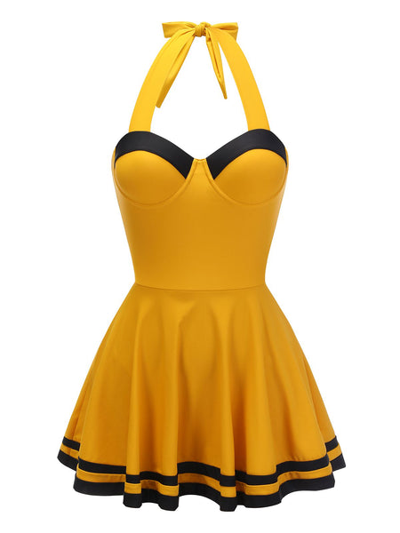 Yellow 1940s Contrast Halter Patchwork Swimsuit Retro Stage
