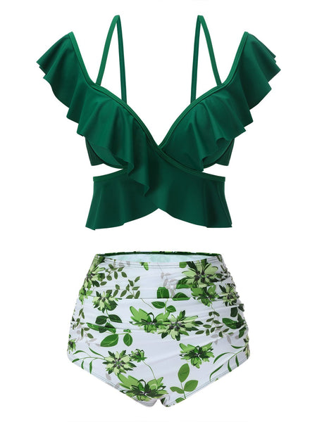 Green 1940s Ruffles Floral Spaghetti Strap Swimsuit