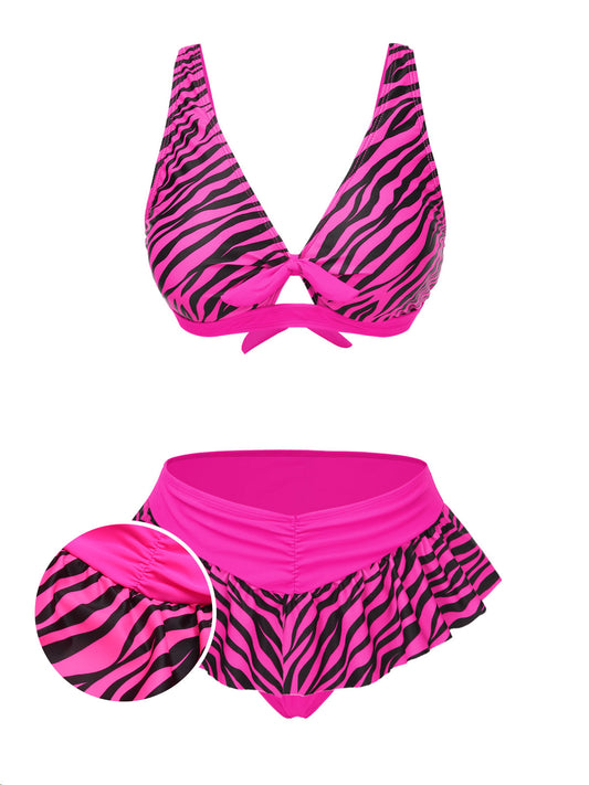 Pink 1950s Strap Zebra Print Bikini Set