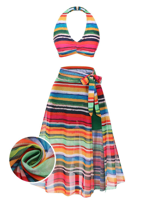 Multicolor 1970s Boho Stripes Swimsuit With Cover-Up