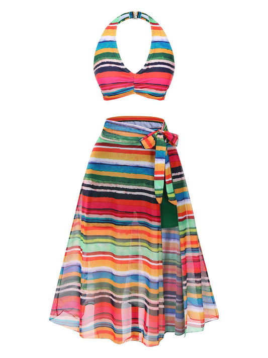 Multicolor 1970s Boho Stripes Swimsuit With Cover-Up