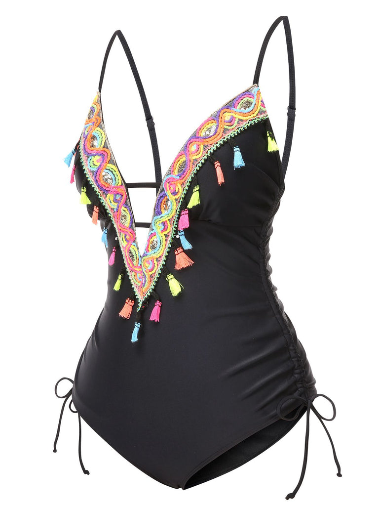 Black 1970s Tassel Embroidered Strappy Swimsuit