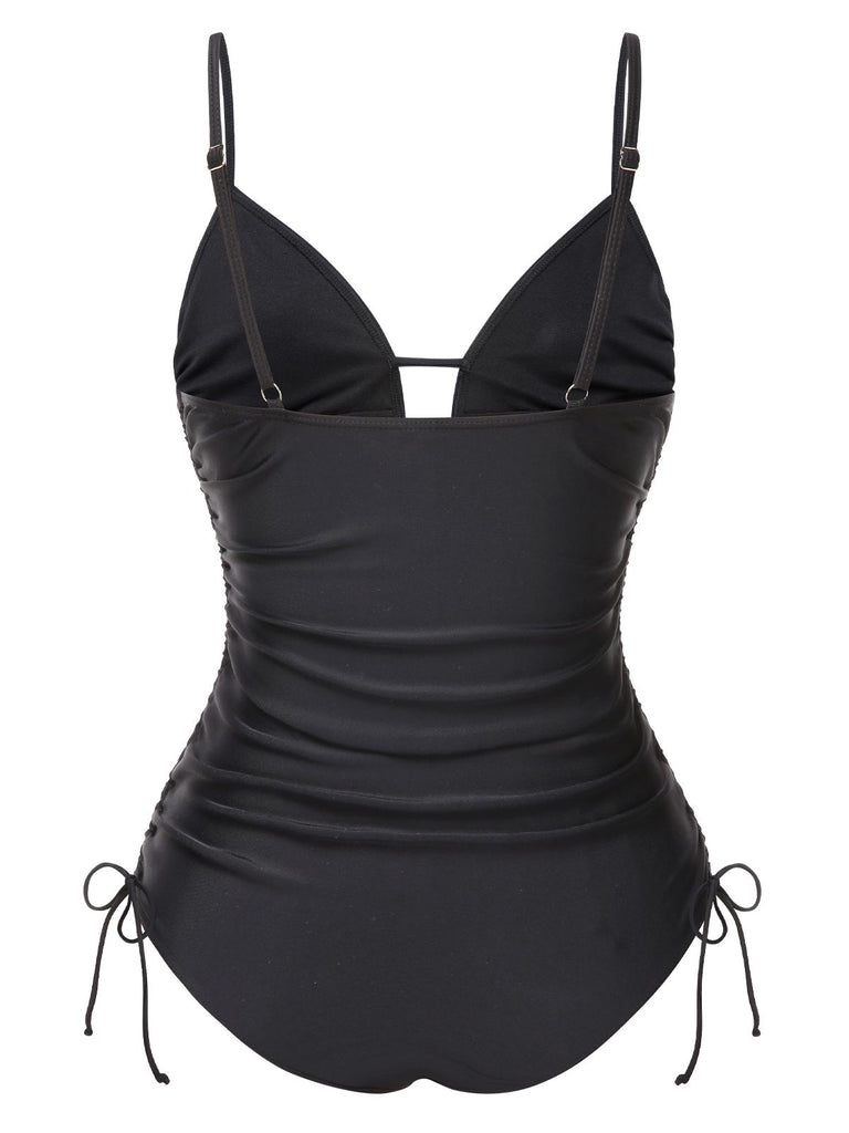 Black 1970s Tassel Embroidered Strappy Swimsuit