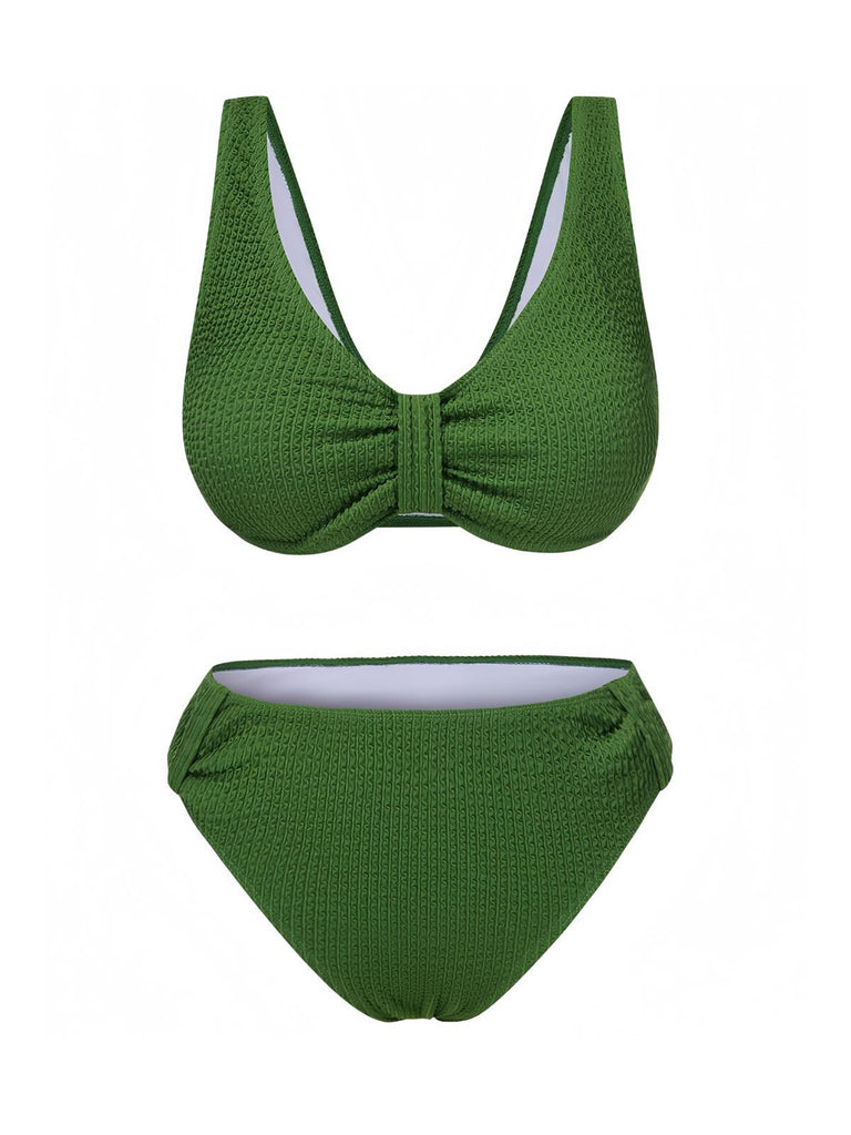 1940s Solid Bowknot Textured Fabric Swimsuit