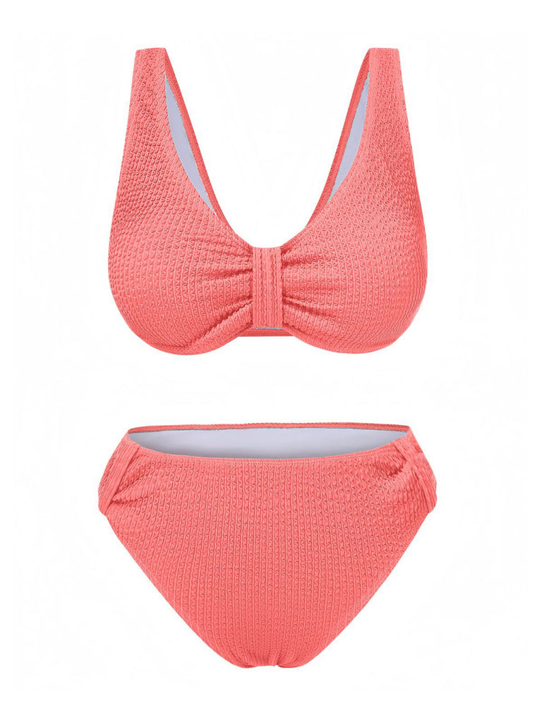 1940s Solid Bowknot Textured Fabric Swimsuit