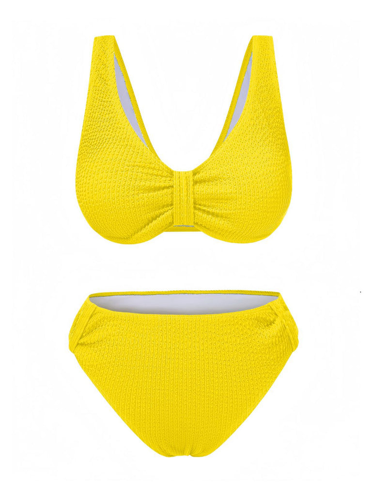 1940s Solid Bowknot Textured Fabric Swimsuit