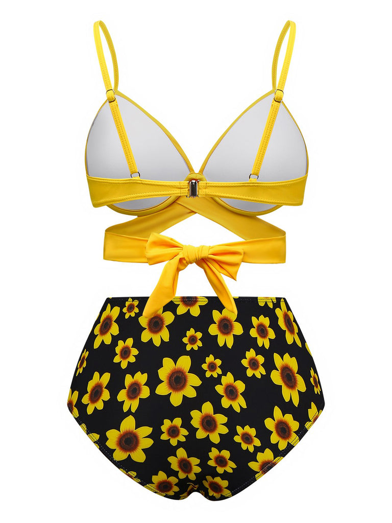 Yellow 1950s Sunflower Tie Back Bikini Set