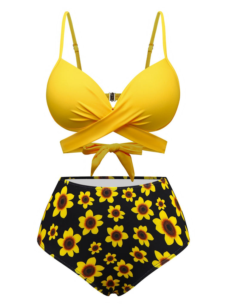 Yellow 1950s Sunflower Tie Back Bikini Set