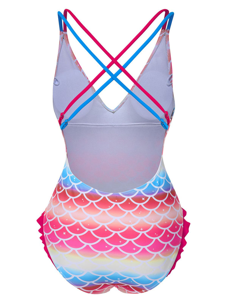 Rainbow 1970s Mermaid Scale Ruffle One-Piece Swimsuit