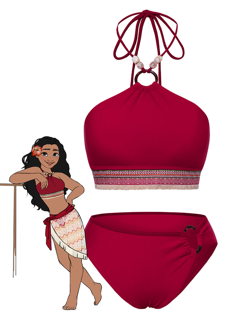 Red 1970s Princess Style Beading Halter Bikini Set