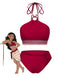 Red 1970s Princess Style Beading Halter Bikini Set