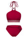 Red 1970s Princess Style Beading Halter Bikini Set