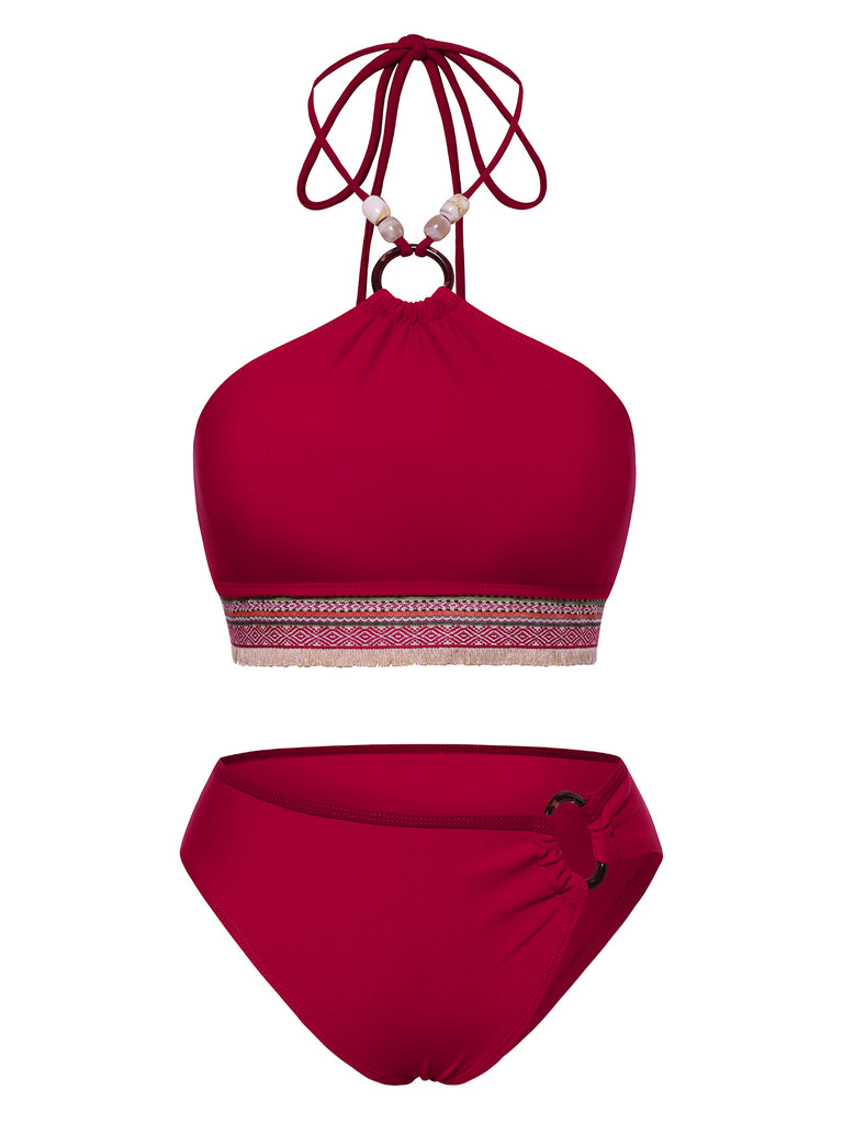 2PCS Red 1970s Princess Style Bikini Set & Fringe Cover-Up