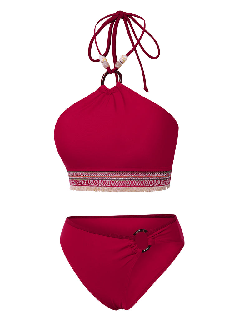 2PCS Red 1970s Princess Style Bikini Set & Fringe Cover-Up