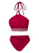 Red 1970s Princess Style Beading Halter Bikini Set