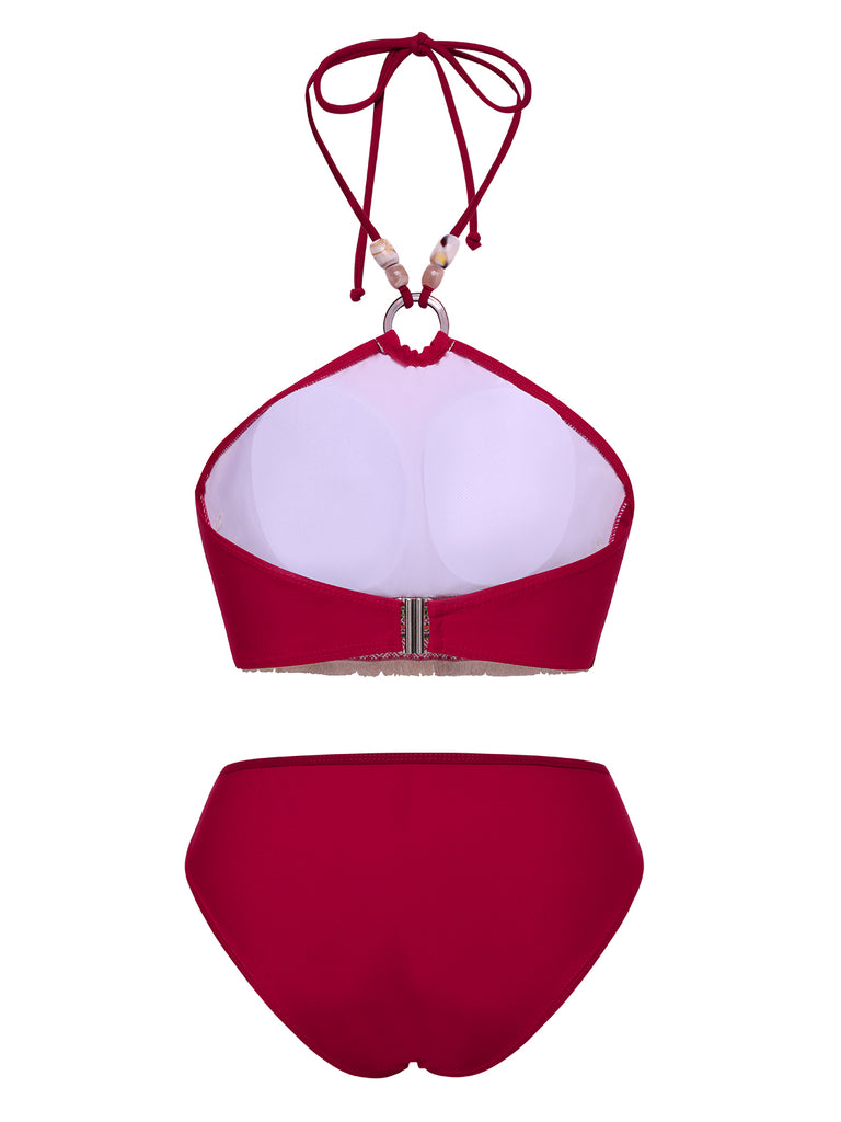 2PCS Red 1970s Princess Style Bikini Set & Fringe Cover-Up