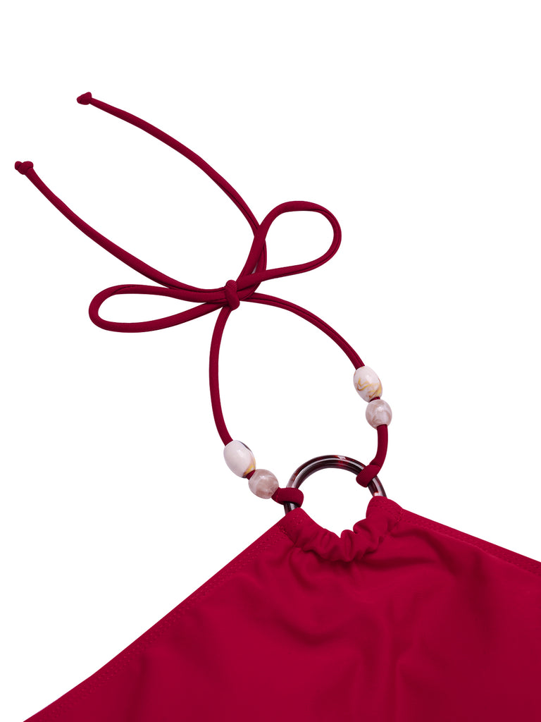 2PCS Red 1970s Princess Style Bikini Set & Fringe Cover-Up