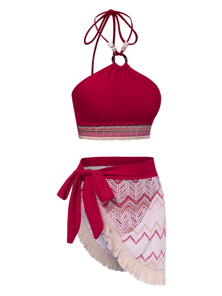 2PCS Red 1970s Princess Style Bikini Set & Fringe Cover-Up