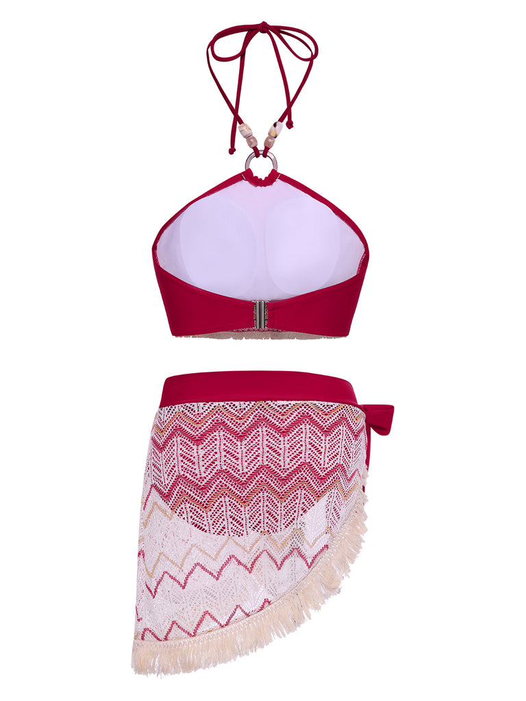 2PCS Red 1970s Princess Style Bikini Set & Fringe Cover-Up