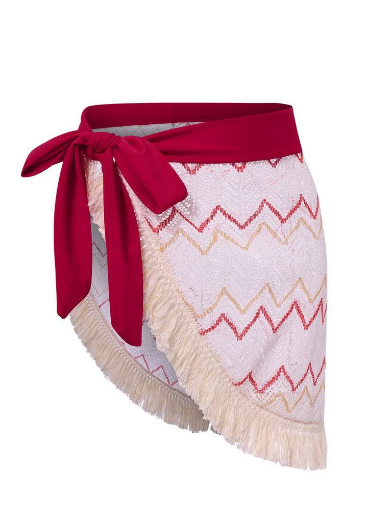 2PCS Red 1970s Princess Style Bikini Set & Fringe Cover-Up